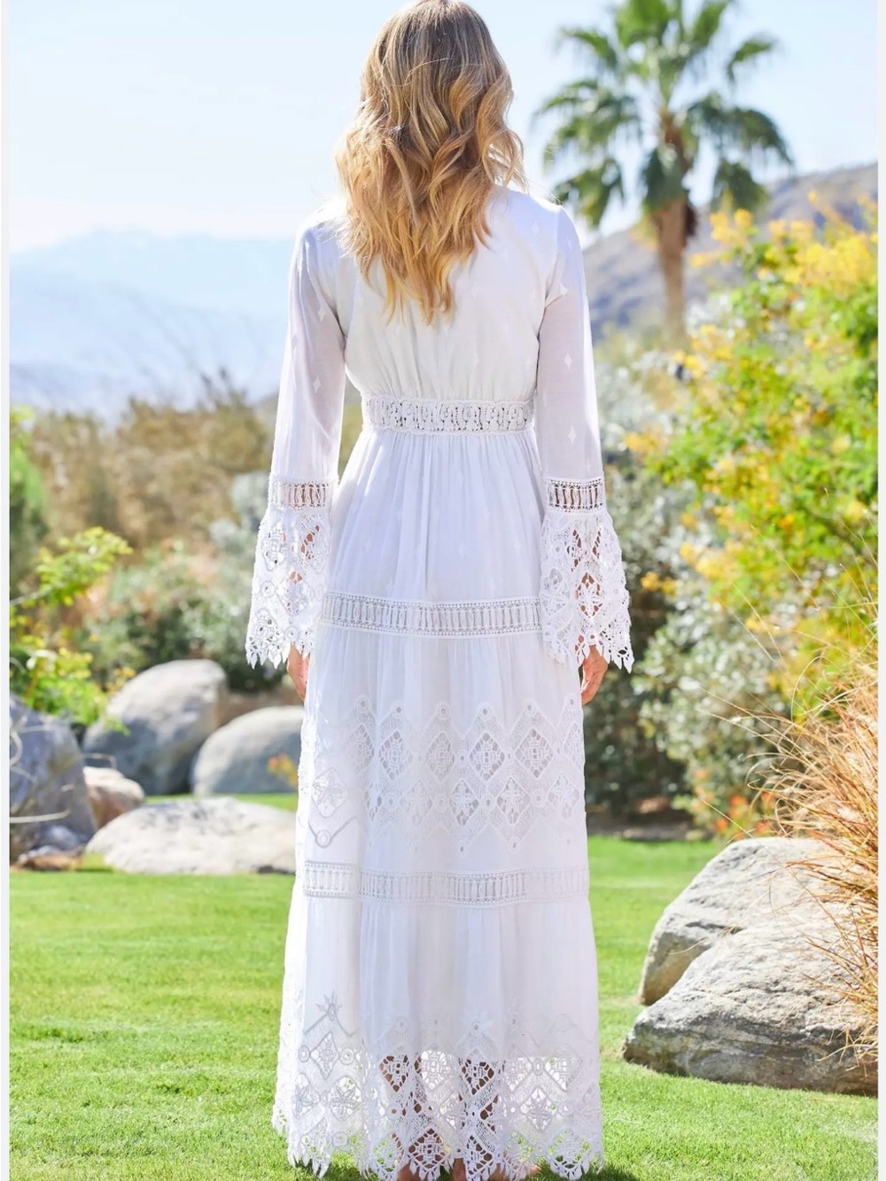 White Lace Maxi Dress with Bell Sleeves by Temptations Positano - Picture 2 of 4